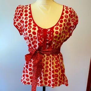 Anthropologie by Odille, cotton top blouse, red polka dot, size 8
